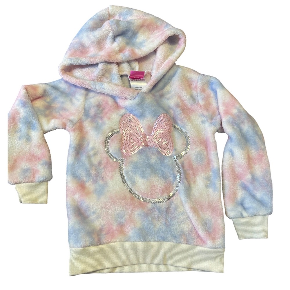 Disney Minnie Mouse Girls 3T Faux Fur Hoodie‎ Tie Dye Pink Sequin Bow Pullover